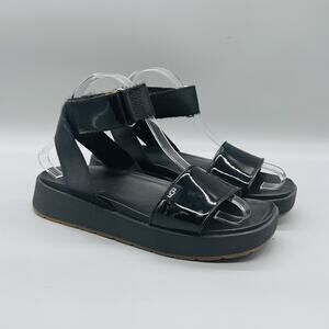 UGG Sandals Womens 8 Black Synthetic Patent Platform Strappy Hook & Loop Shoes